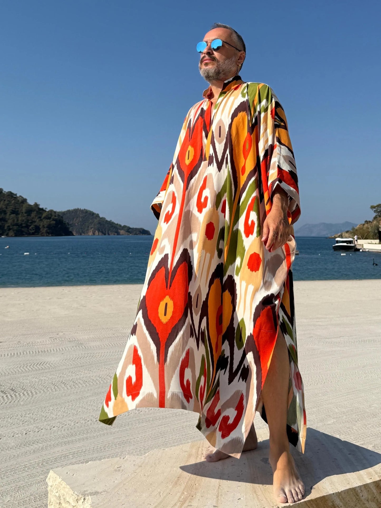 Men's Ikat Viscose Kaftan Greek Style Long Tunic Pool Party Caftan