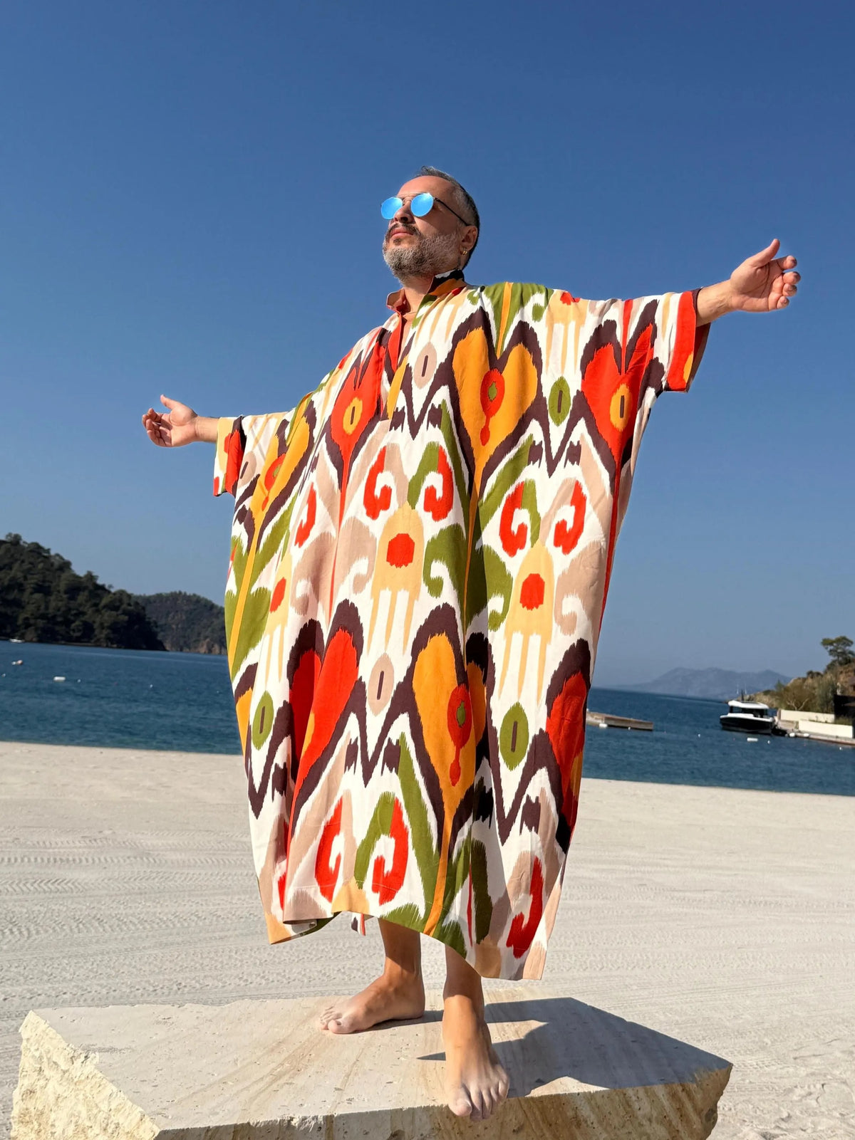 Men's Ikat Viscose Kaftan Greek Style Long Tunic Pool Party Caftan