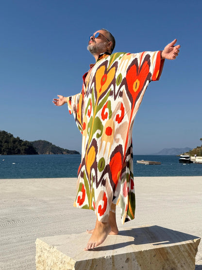 Men's Ikat Viscose Kaftan Greek Style Long Tunic Pool Party Caftan