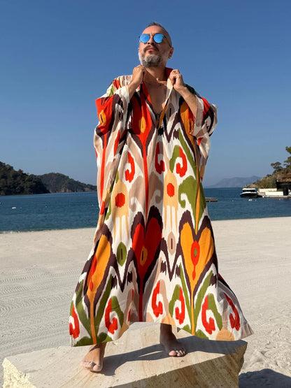 Men's Ikat Viscose Kaftan Greek Style Long Tunic Pool Party Caftan