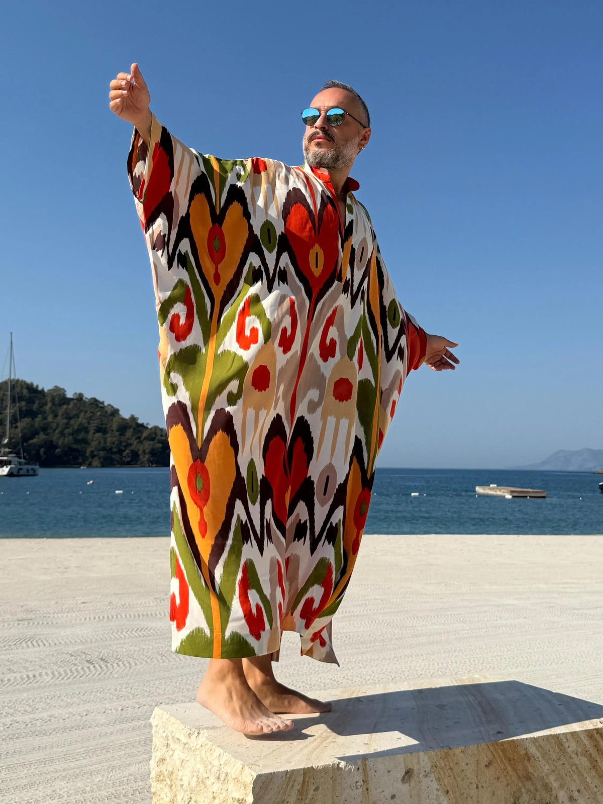 Men's Ikat Viscose Kaftan Greek Style Long Tunic Pool Party Caftan