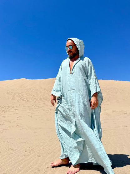 Men's Muslin Cotton Caftan with Hood Greek Style Long Robe Kaftan