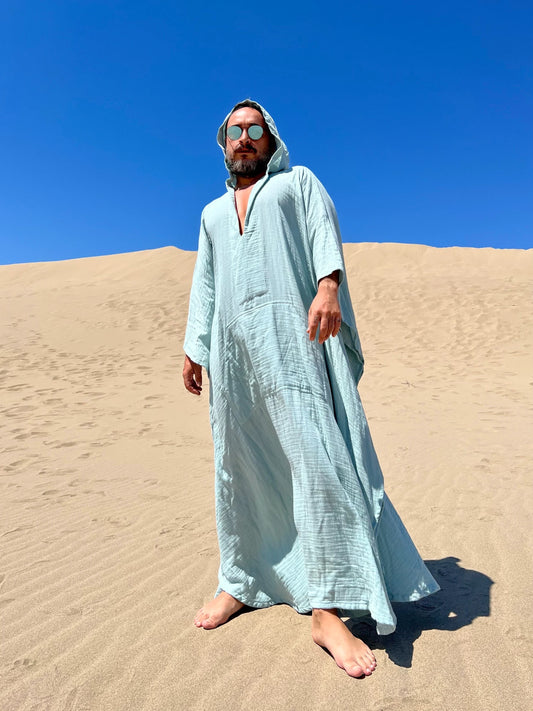 Men's Muslin Cotton Caftan with Hood Greek Style Long Robe Kaftan