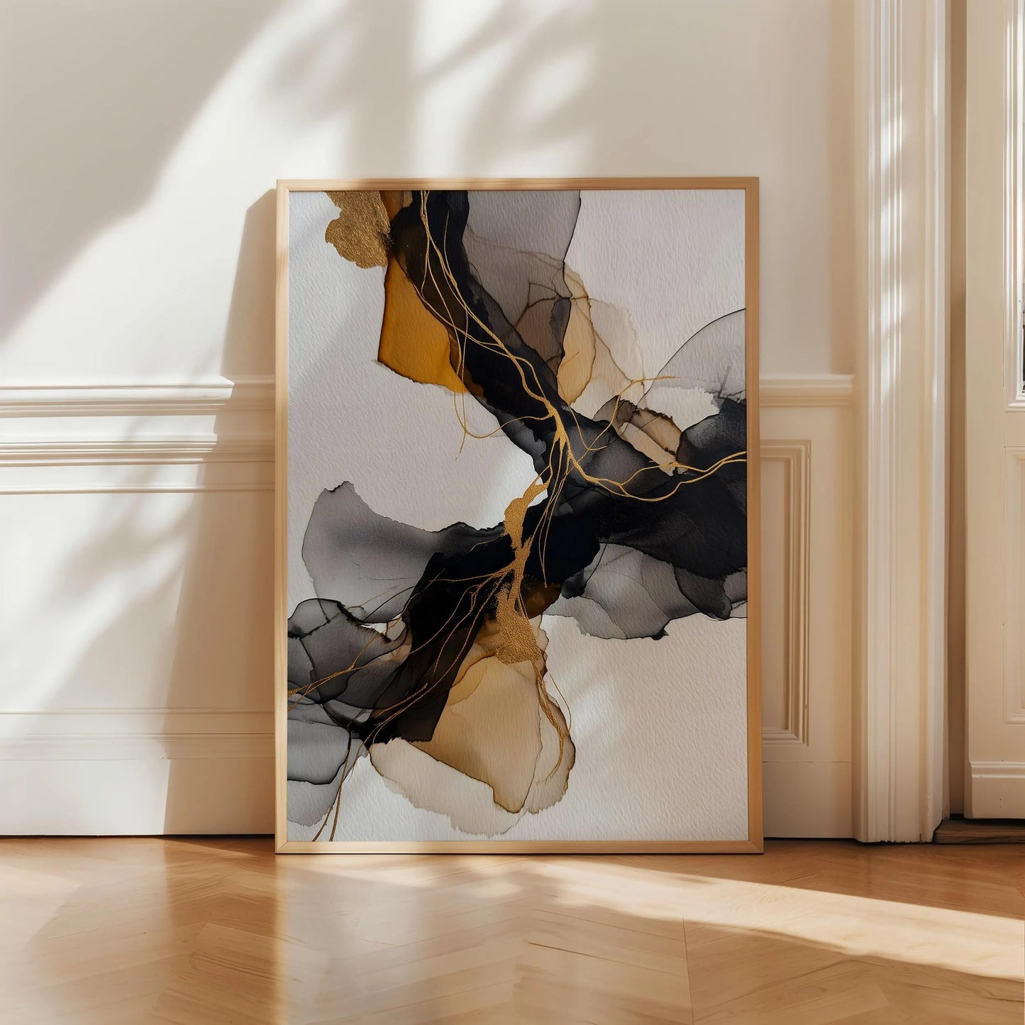 Black Gold Abstract Ink Canvas Wall Art, Modern Luxury Framed Print