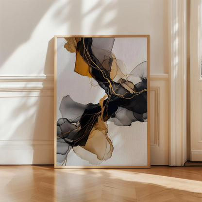 Black Gold Abstract Ink Canvas Wall Art, Modern Luxury Framed Print