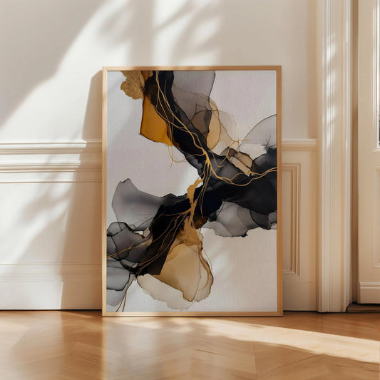 Black Gold Abstract Ink Canvas Wall Art, Modern Luxury Framed Print