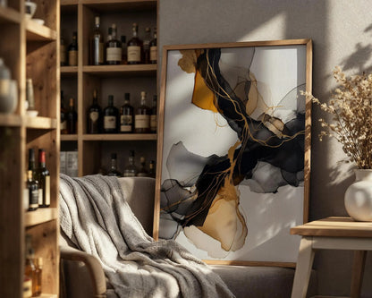 Black Gold Abstract Ink Canvas Wall Art, Modern Luxury Framed Print